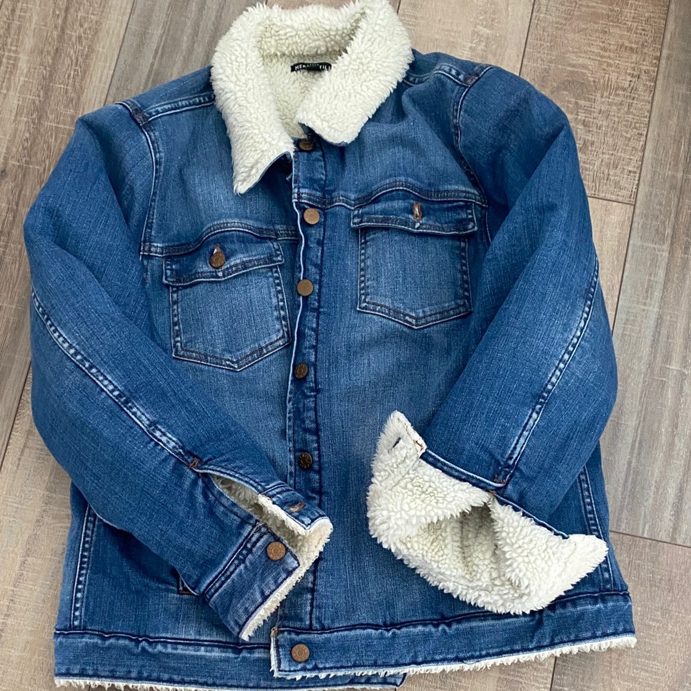 J. Crew Blue Jean Jacket with White Sherpa Lining